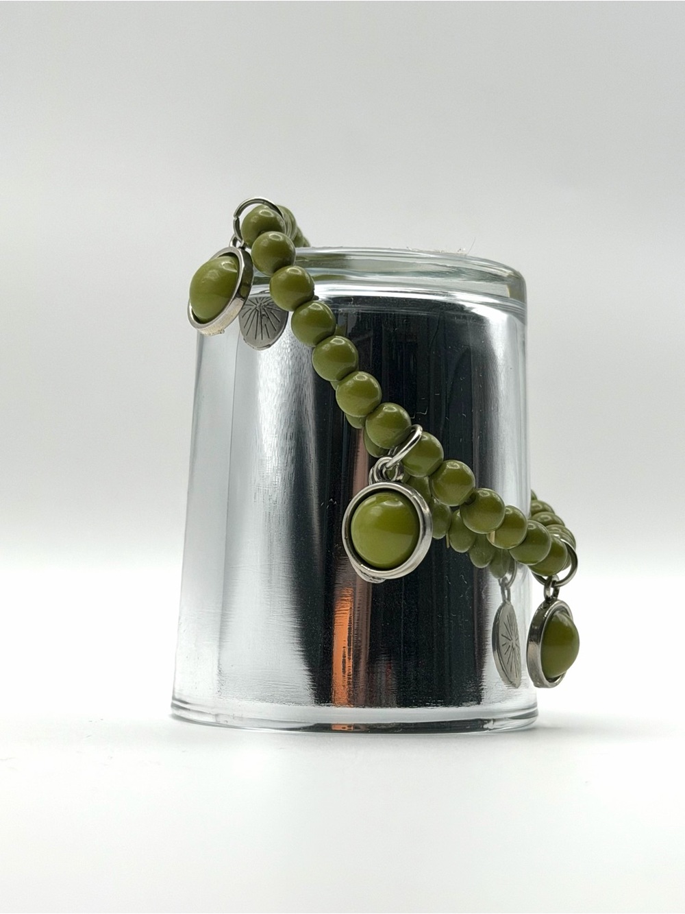 Olive Green Beaded Charm Bracelet Boho Stretch Bracelet Earthy Summer Jewelry
